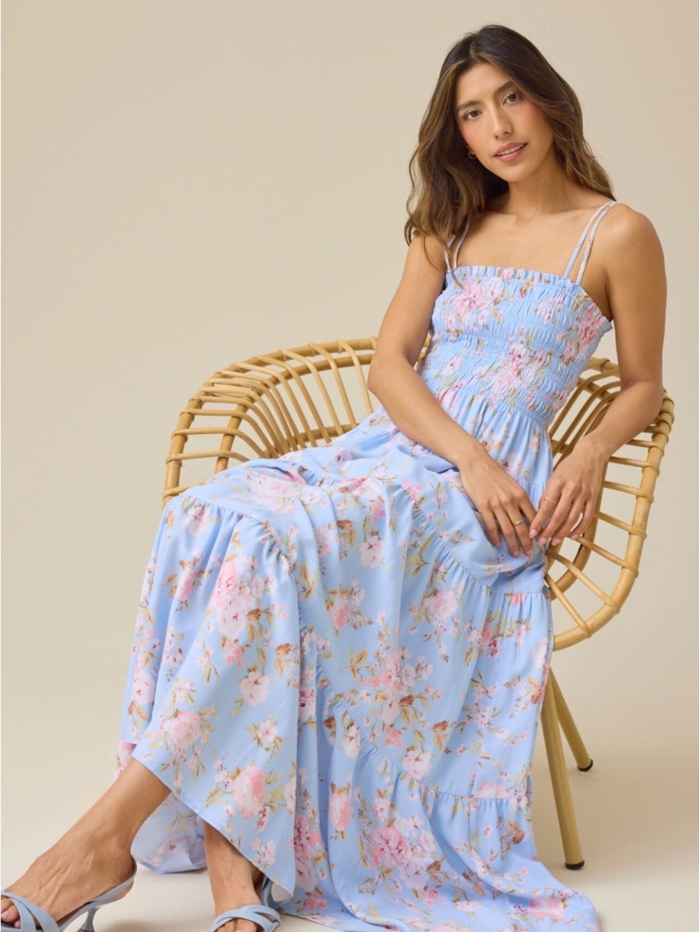 Altar'd State Light Blue Floral Maxi Dress with Smocked Bodice
